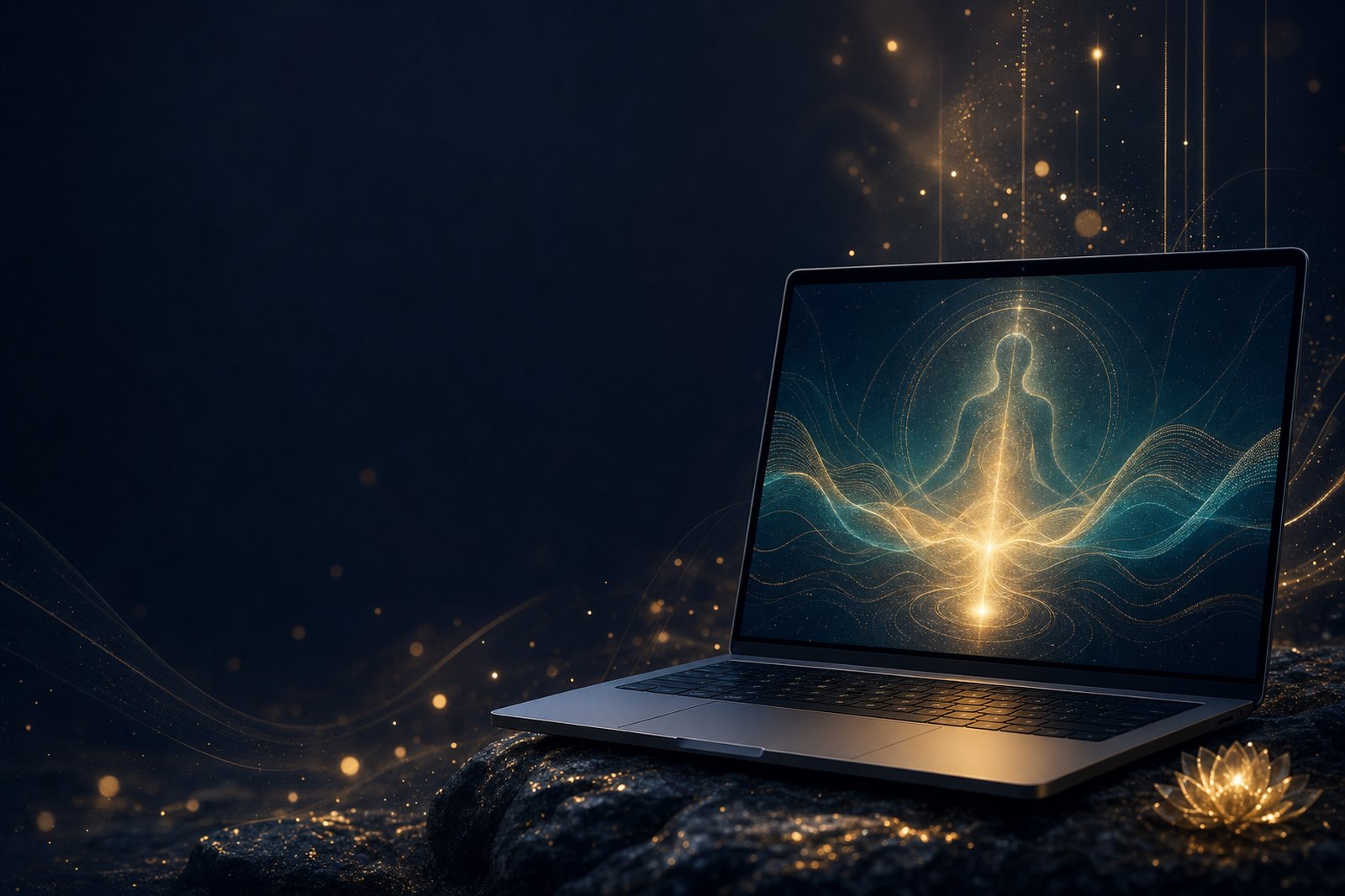 量子波動の光のエネルギーが広がる神秘的な背景にノートPC。サイエンスとスピリチュアルの融合を表現した画像。